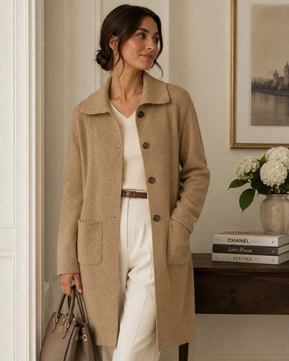 Talbots 100% Alpaca Sweater Coat Camel Long Cardigan Peru Quiet Luxury M